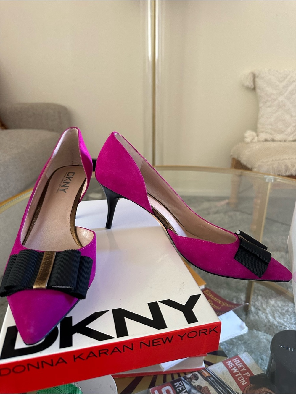 DKNY Hot Pink Pointed-Toe Kitten Heels with Black Bow
